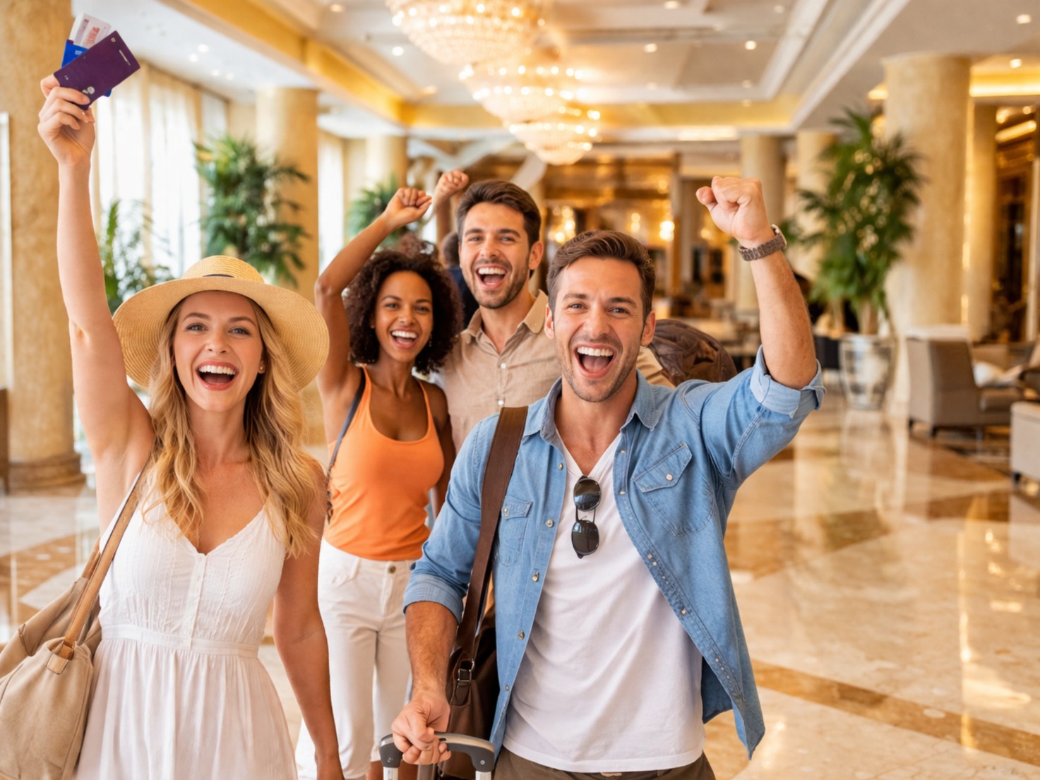 Happy hotel guests in a hotel lobby