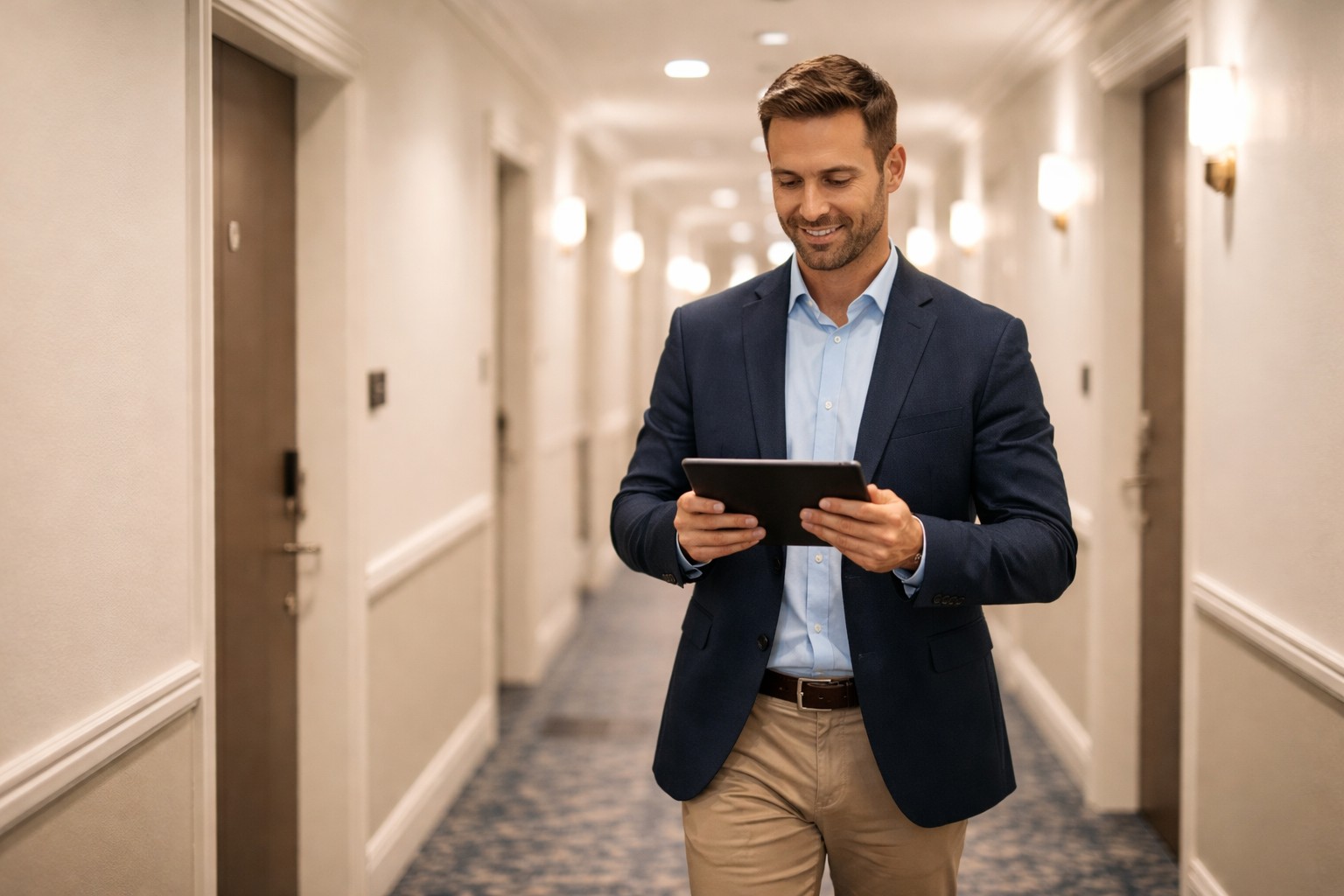 Hotel manager reviewing a tablet in a clean hallway