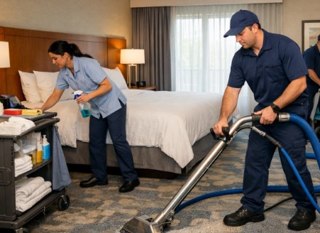 Hotel cleaning team working together