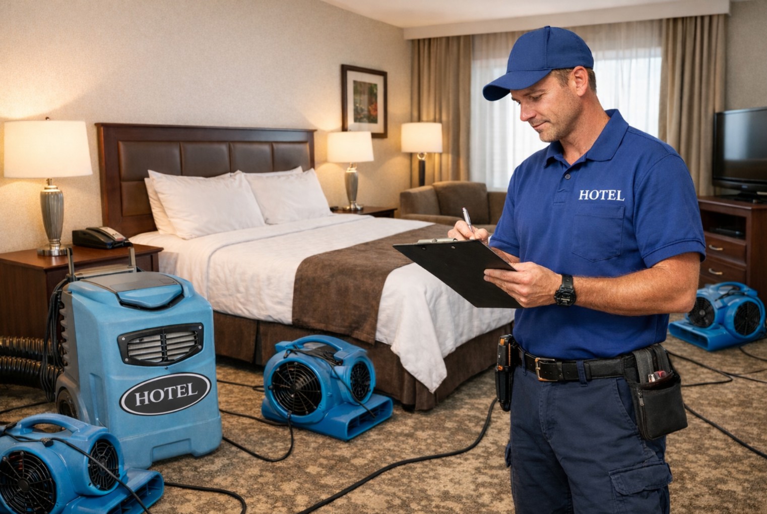 Hotel water damage mitigation and drying equipment in guest room